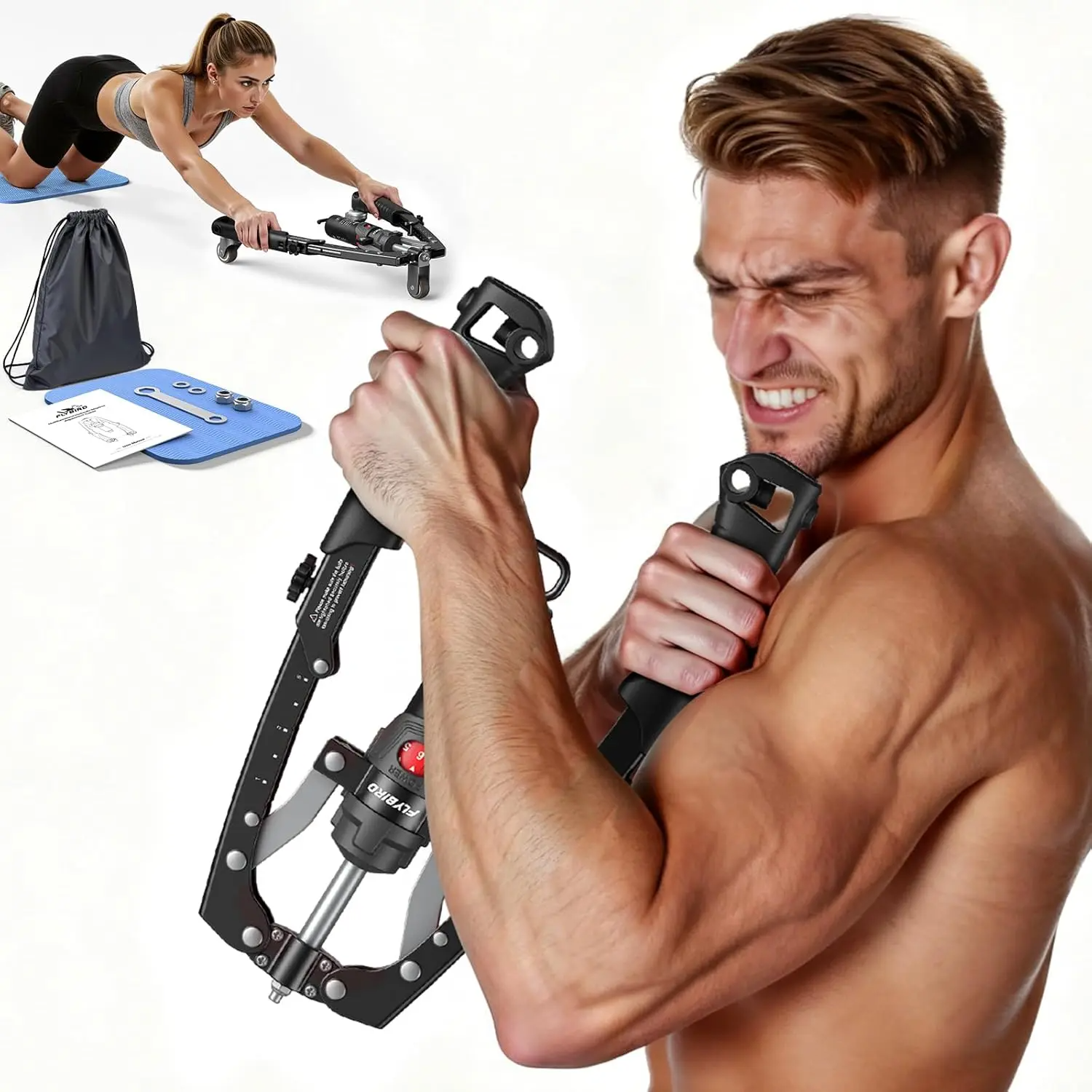 3-in-1 Hydraulic Chest Twister Arm Exerciser & Arm Strength Trainer - Adjustable 22-440lbs Core, Tricep Workout Equipment with Ab Roller Wheel, Home Gym Exercise Equipment (Pad & Bag Incl.) for Men Women, Strength Training Accessory