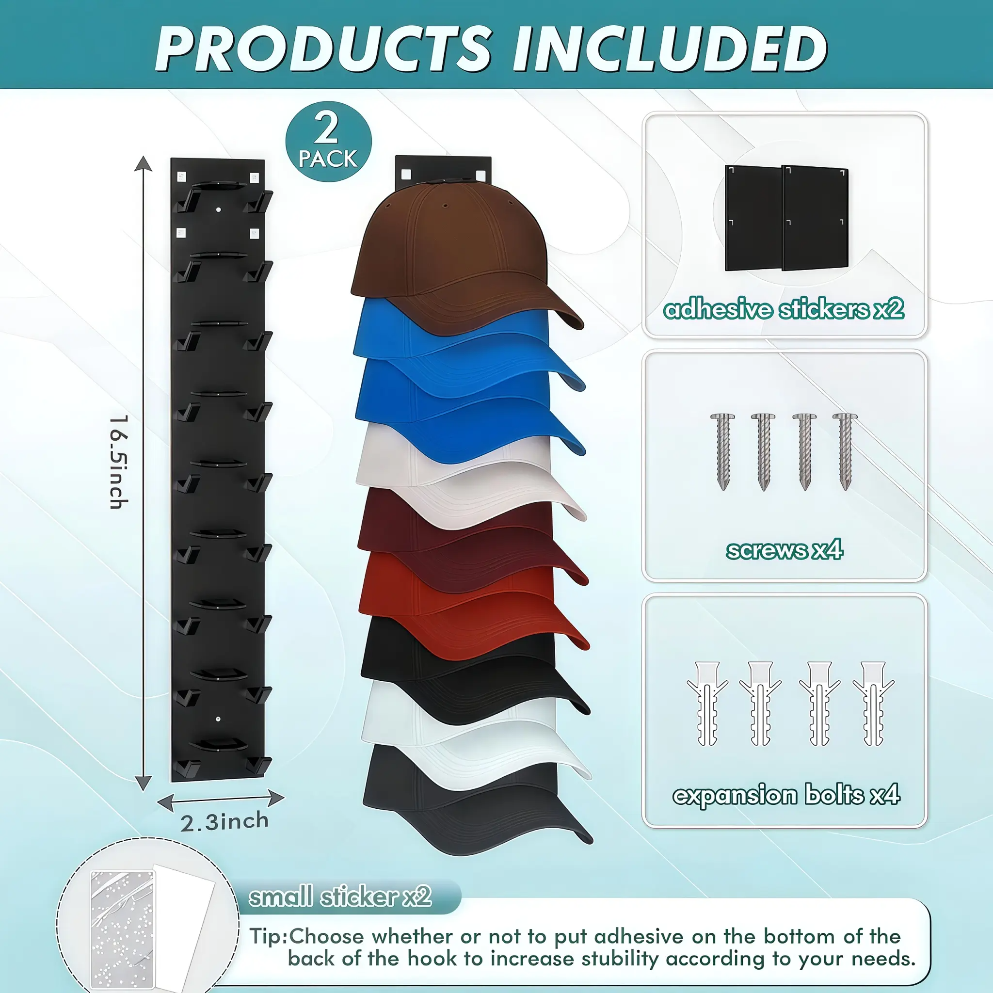 2 Hat Wall-Mounted Multi-Layer Storage Rack, can hold 18 hats. The hanging storage rack is suitable for wardrobe doors and wall decoration. Hat Organizer Installation