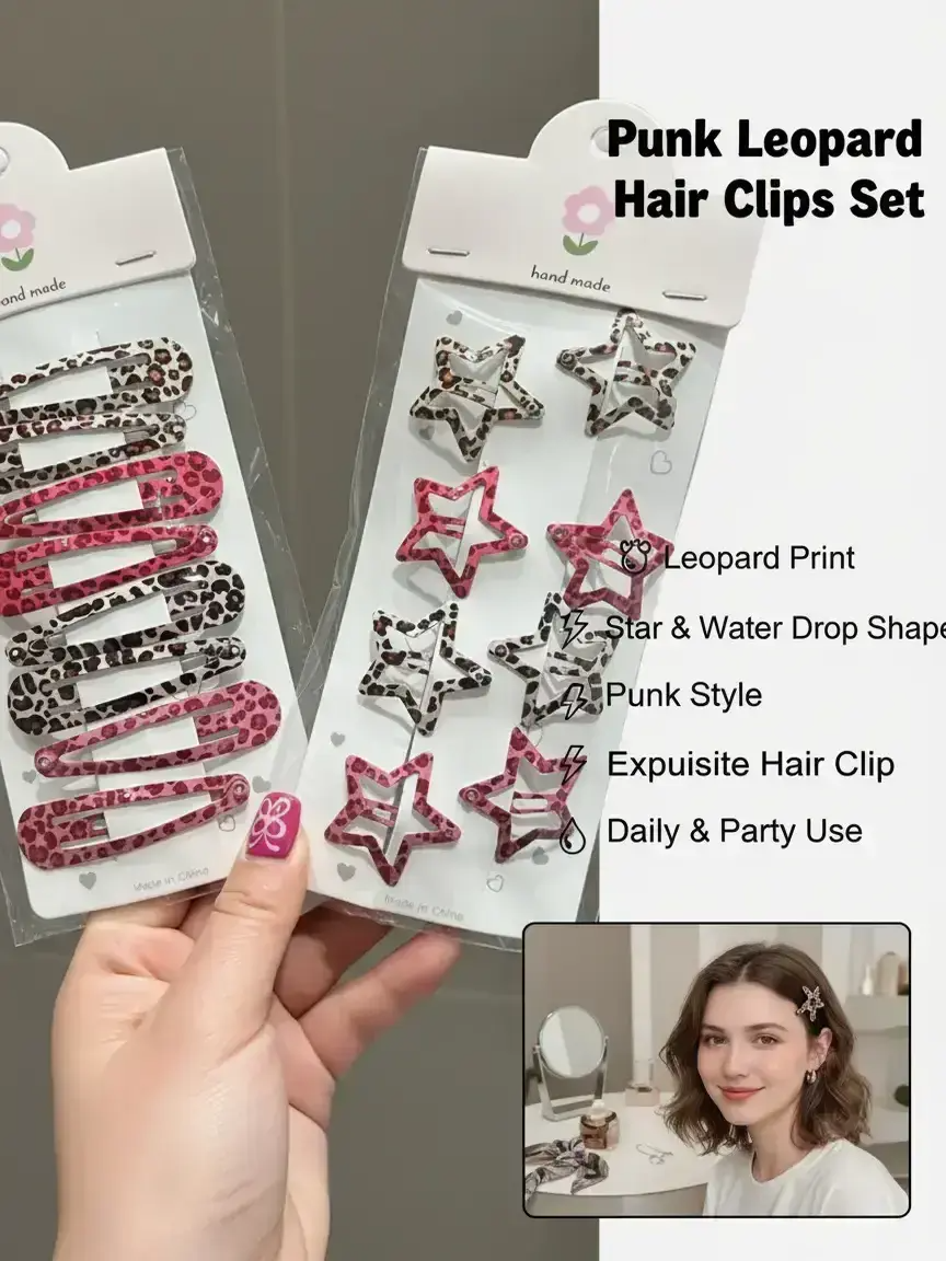 1 Leopard Print Star & Water Drop Shaped Hair Clips Metal, Punk Style Hair Accessories for Women, Trendy All-match & Exquisite Hair Clip for Daily & Party Wear, Hair Clip Set