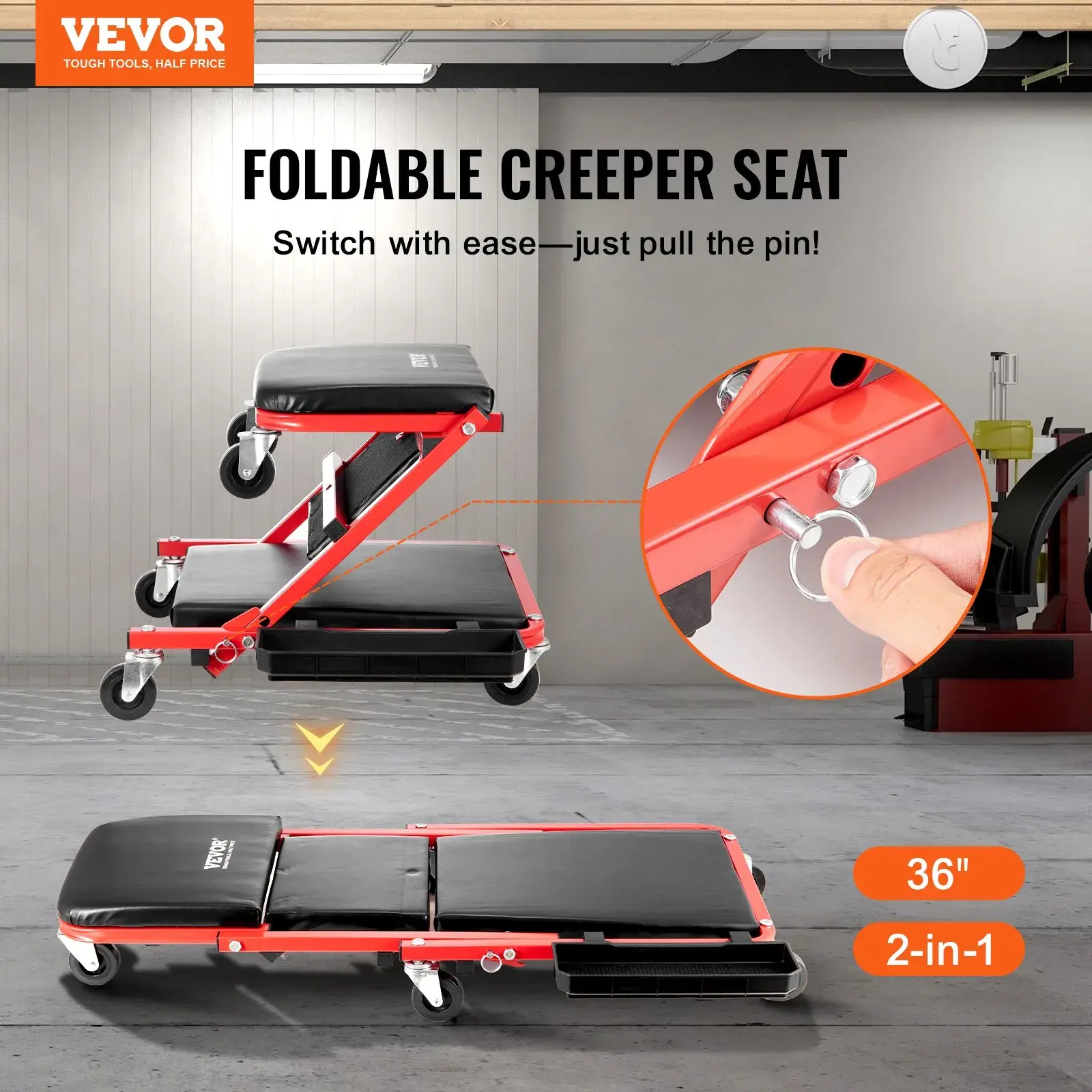 1 Garage Creeper - 36 in Auto Repair Mechanic Tool300 lbs Load Capacity6 WheelsPadded SeatSteel FrameTool TrayLay Down/Sit Chair for Vehicle Garage ShopDad Gifts for Mechanics, Auto Repair Tools, Tools And Gadgets
