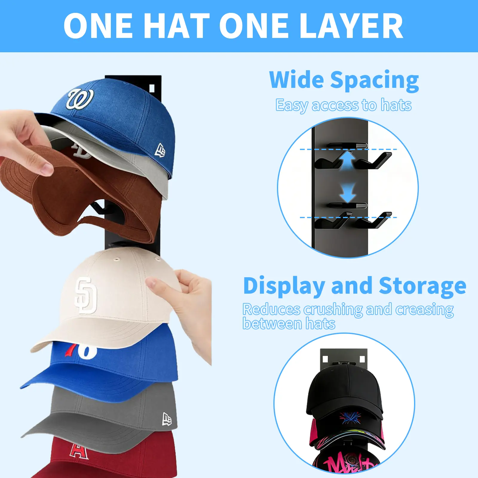 2 Hat Wall-Mounted Multi-Layer Storage Rack, can hold 18 hats. The hanging storage rack is suitable for wardrobe doors and wall decoration. Hat Organizer Installation
