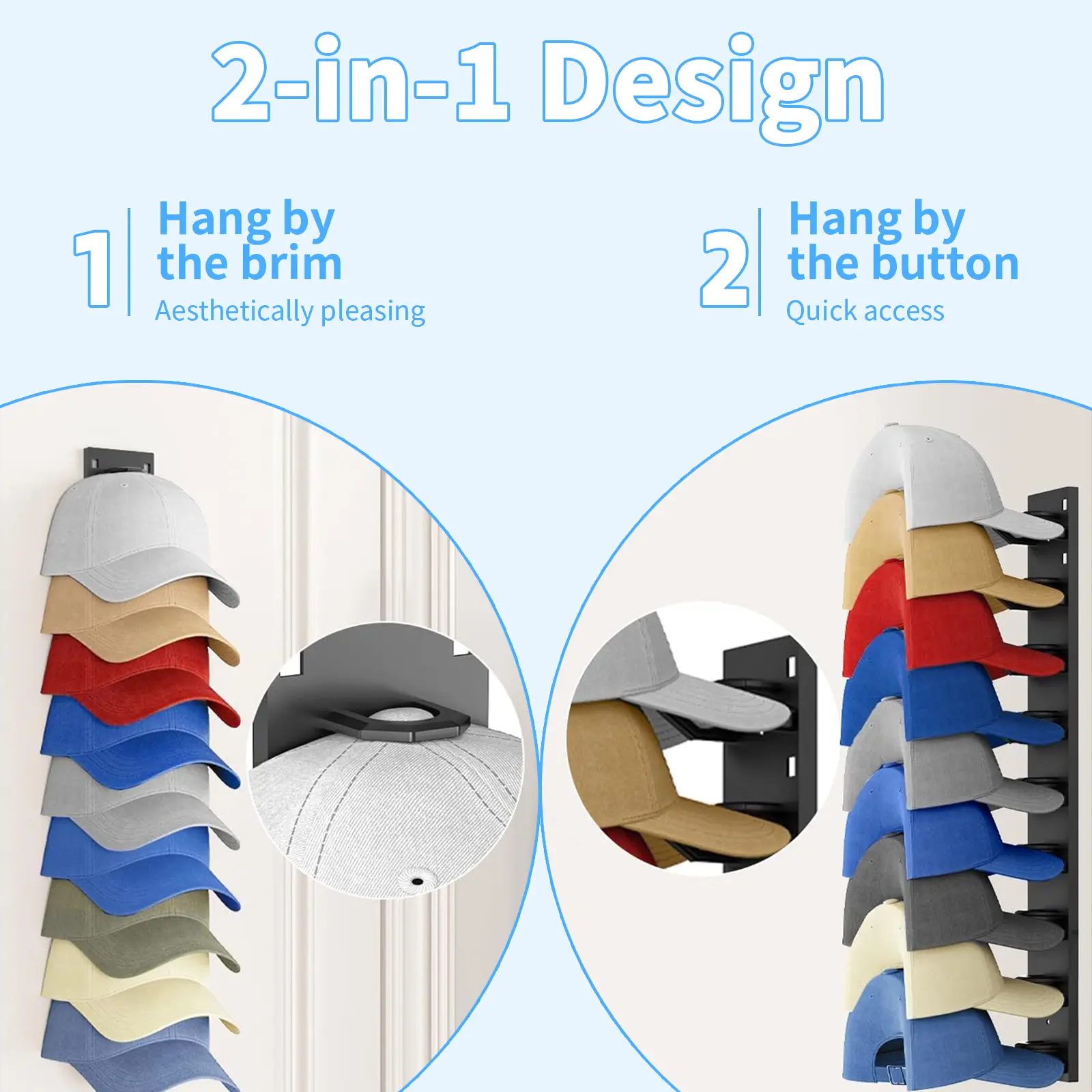 2 Hat Wall-Mounted Multi-Layer Storage Rack, can hold 18 hats. The hanging storage rack is suitable for wardrobe doors and wall decoration. Hat Organizer Installation