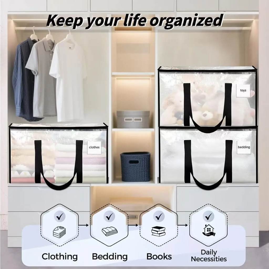 Large-Capacity Transparent Thick Plastic Foldable Rectangle Storage Bags with Hinged Lids - Sturdy House Organizers, Storage Organizer for Home, Travel Stuff, Apartment Accessories
